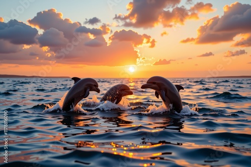 Three Dolphins Leaping at Sunset Ocean Wildlife Scene Marine Mammals Jumping in Golden Hour