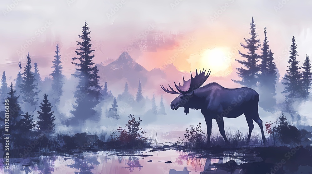 Moose roaming through a dense woodland, surrounded by tall trees and vibrant greenery, creating a serene wildlife background, style book illustration Moose roaming through a dense woodland, surrounded by tall trees and vibrant greenery, creating a serene wildlife background, style book illustration