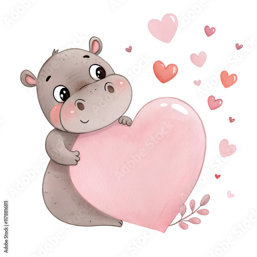 Whimsical baby pygmy hippo holding heart cute illustration, isolated on white or transparent background photo