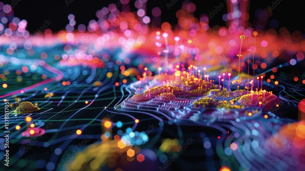Abstract representation of environmental modeling, featuring interconnected nodes, flow diagrams, and ecological data points in a digital 3D space Abstract representation of environmental modeling, featuring interconnected nodes, flow diagrams, and ecological data points in a digital 3D space