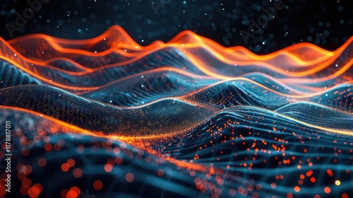 Abstract representation of a linear model with floating data points, trend lines, and regression formulae in a virtual 3D space