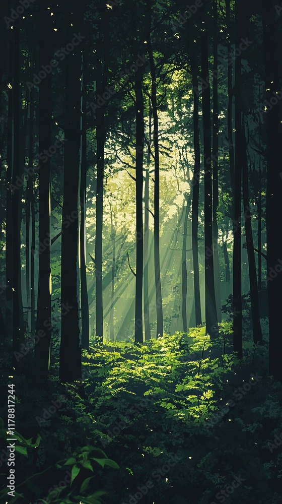 Fototapeta premium A tranquil forest scene featuring sunlight filtering through tall trees, illuminating the lush greenery and creating a serene atmosphere perfect for nature enthusiasts.
