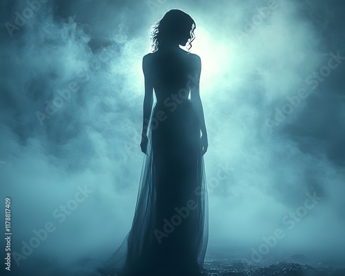 Mysterious Silhouette of a Woman in a Flowing Dress Against a Dark Backdrop photo