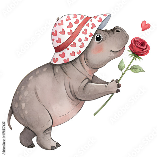 Cute baby pygmy hippo holding a rose whimsical illustration, isolated on white or transparent background photo