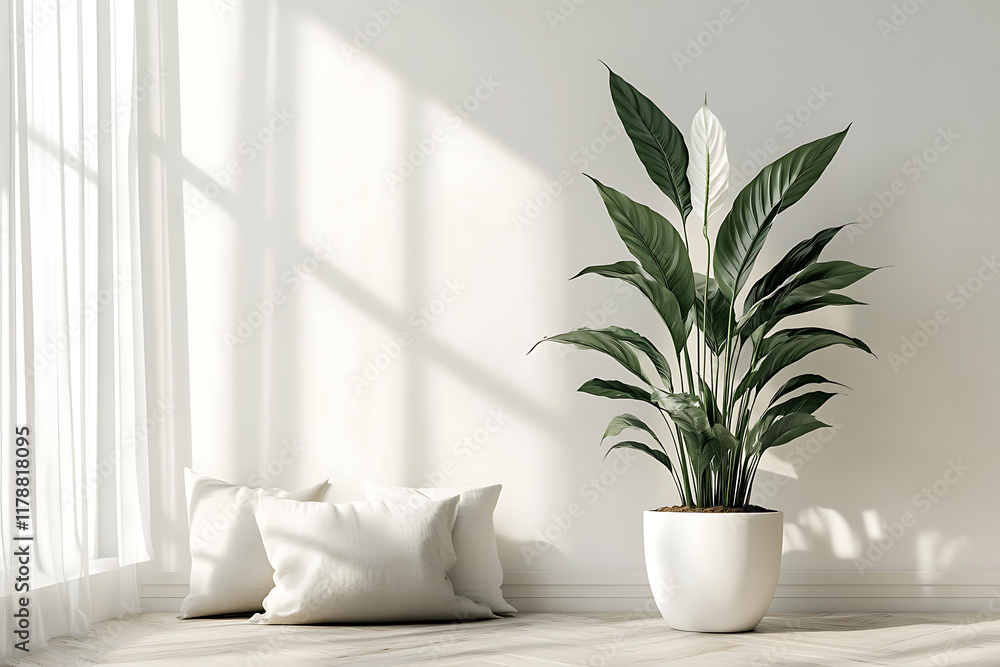 Minimalist home interior with peace lily Minimalist home interior with peace lily