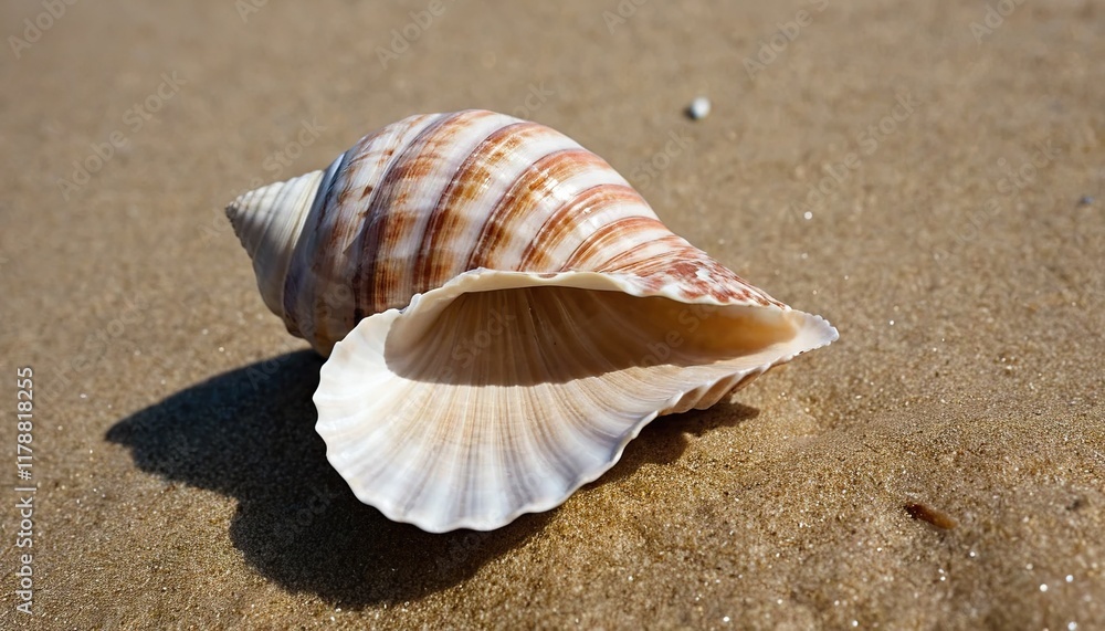 Close-up of a seashell on sandy beach. Detailed view of the spiral, striped, and ribbed shell, with open interior showing delicate structure. Close-up of a seashell on sandy beach. Detailed view of the spiral, striped, and ribbed shell, with open interior showing delicate structure.