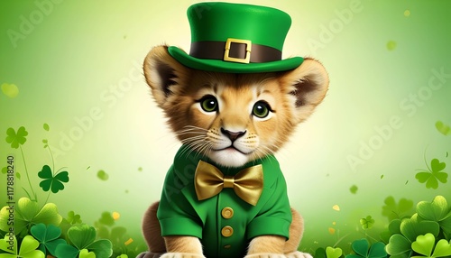 Cute St. Patrick's Day lion cub wearing a green leprechaun hat and gold bow tie on a green background with shamrocks. Festive celebration image. Ideal for poster, banner or cards