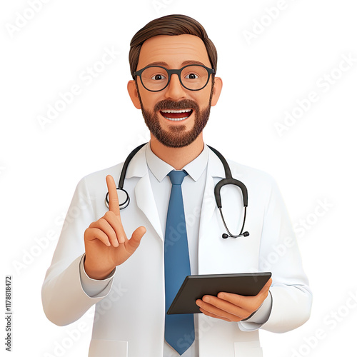 Animated male doctor in a white coat, holding a tablet, with a stethoscope around his neck, smiling and gesturing an idea.
