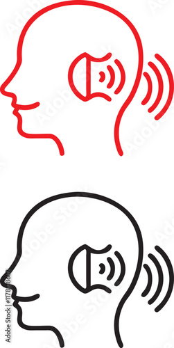 Red and black graphic icons, sound wave visualization, human head silhouette, ear shape, audio perception concept, minimalist design, bold contrasting colors, symmetrical composition, audiology symbol