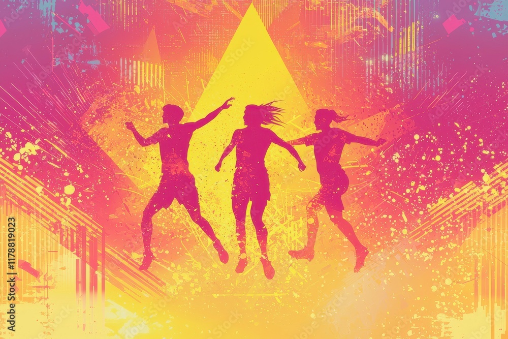 Naklejka premium Silhouettes of people jumping against vibrant abstract background