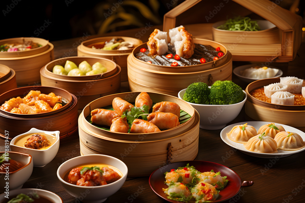An Extravaganza of Traditional Hong Kong Cuisine set against City Skyline An Extravaganza of Traditional Hong Kong Cuisine set against City Skyline