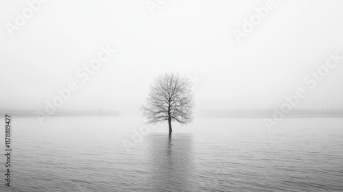 Lone tree in foggy water, monochrome.