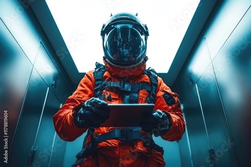 Astronaut in an orange suit preparing for a mission photo