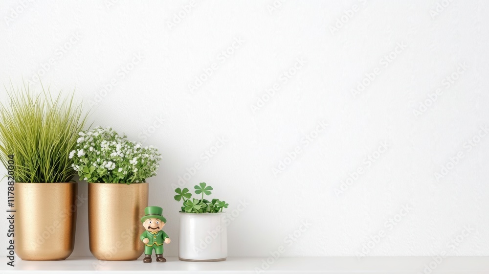 Fototapeta premium Decorative shelf adorned with St. Patrick's Day decorations featuring lucky shamrocks, golden pots and leprechauns