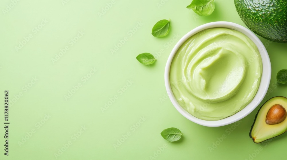 Creamy Avocado Spread with Fresh Leaves on Light Green Background Creamy Avocado Spread with Fresh Leaves on Light Green Background