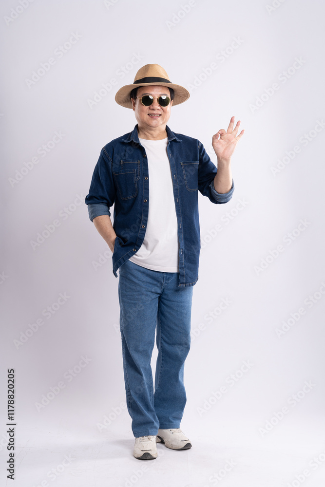portrait of elderly asian man traveling, isolated on white background portrait of elderly asian man traveling, isolated on white background