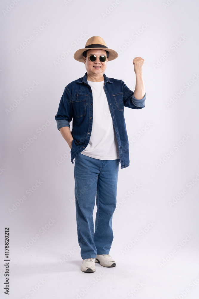 portrait of elderly asian man traveling, isolated on white background portrait of elderly asian man traveling, isolated on white background