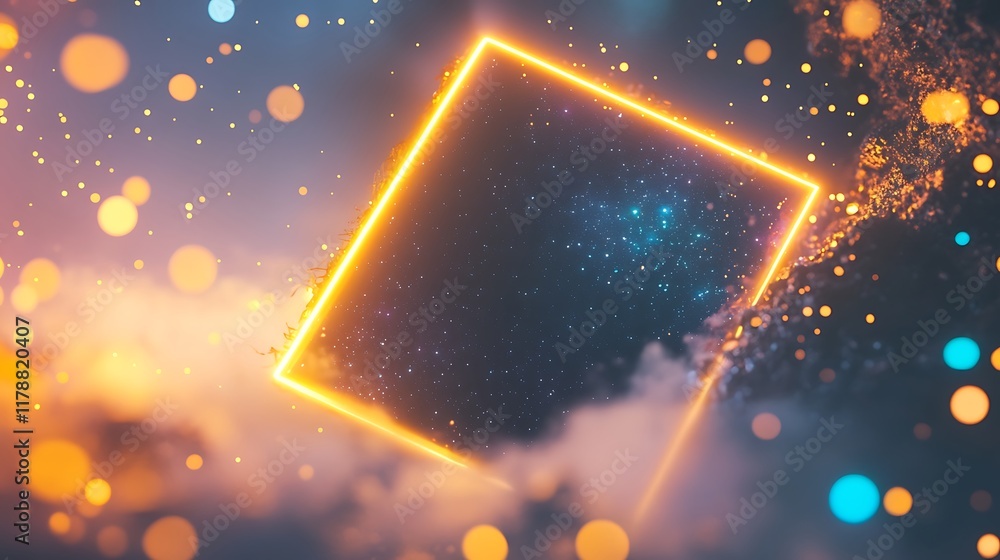 Obraz premium Glowing Cube Frame Encompasses Cosmic Nebula