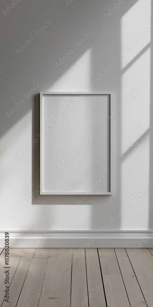 A serene minimalist interior featuring an empty frame on a white wall, casting soft shadows. Ideal for showcasing artwork or creating a calming atmosphere. A serene minimalist interior featuring an empty frame on a white wall, casting soft shadows. Ideal for showcasing artwork or creating a calming atmosphere.
