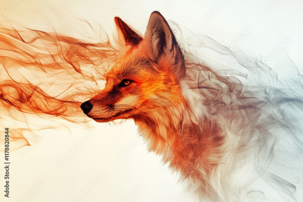 Naklejka premium Fox is shown with its head in the smoke of a fire. The fox is looking at the camera with a curious expression