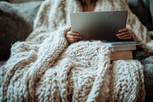 Wallpaper Mural Cozy Reading and Relaxation: Woman with Laptop and Books Under a Knitted Blanket Torontodigital.ca