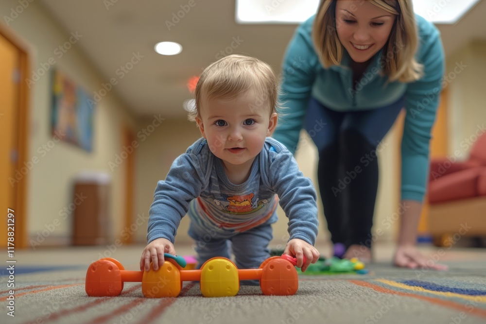 Fototapeta premium A caregiver stands behind a toddler, helping them walk with support and encouragement