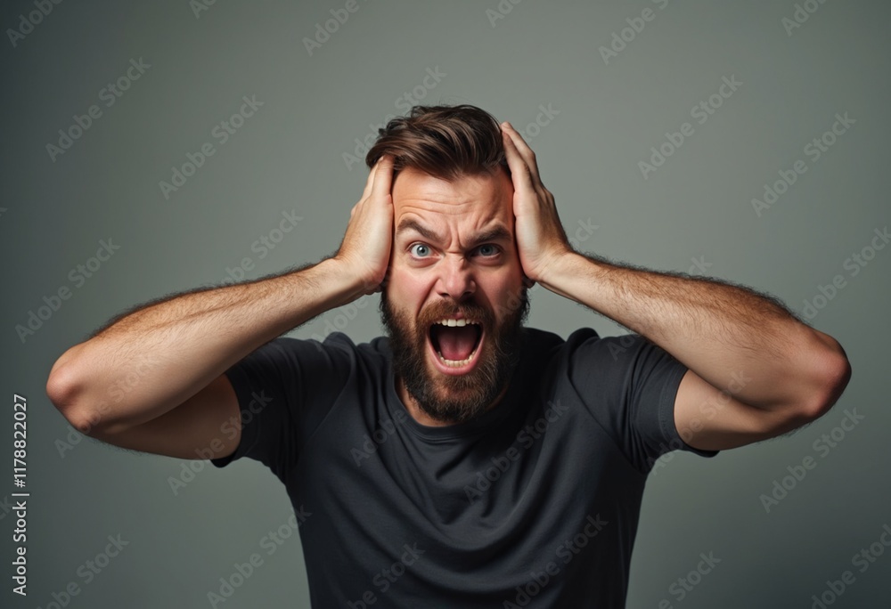 A man with a beard screams in shock, his hands pressed against his head A man with a beard screams in shock, his hands pressed against his head