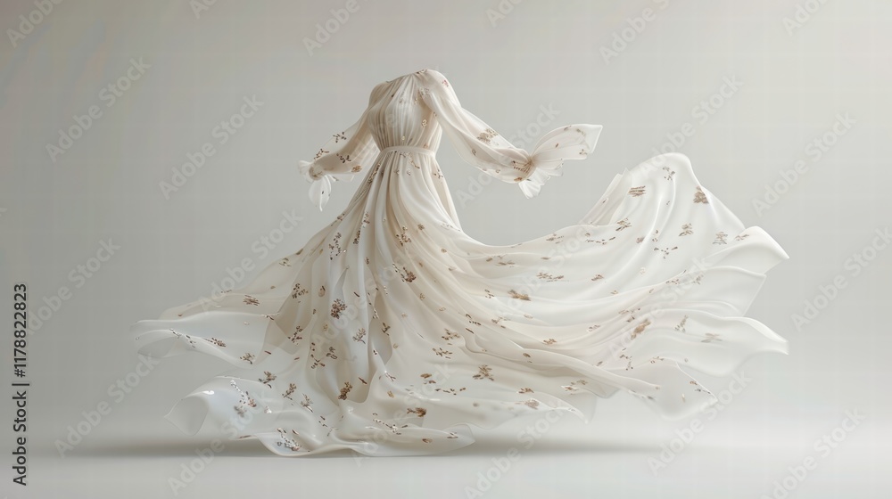 Bohemian-style dress with flowing sleeves and delicate floral patterns, animated to show gentle fabric motion on a white background Bohemian-style dress with flowing sleeves and delicate floral patterns, animated to show gentle fabric motion on a white background