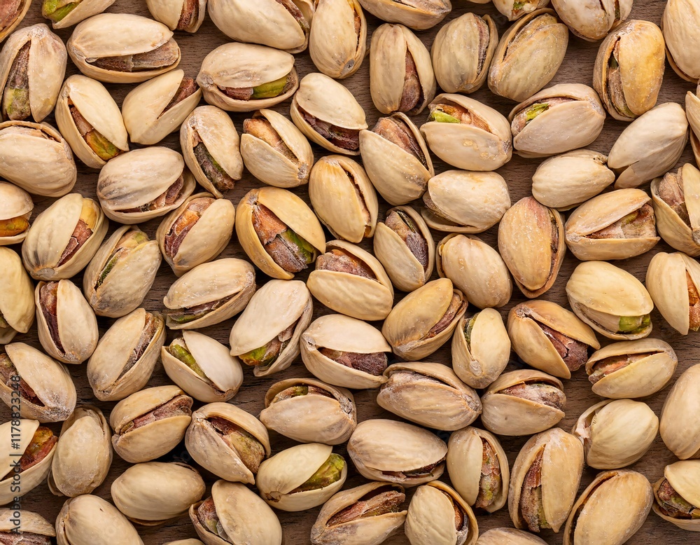 A close-up top view of pistachio nuts arranged neatly, showcasing their textured shells and vibrant green kernels. A close-up top view of pistachio nuts arranged neatly, showcasing their textured shells and vibrant green kernels.
