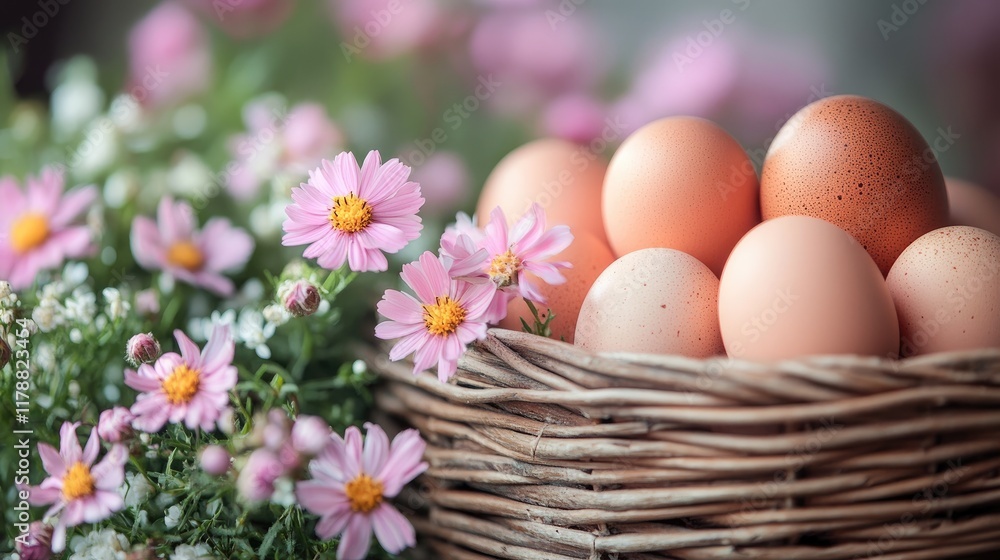 Fresh Eggs in Wicker Basket Amidst Blooming Pink Flowers: A Springtime Harmony Fresh Eggs in Wicker Basket Amidst Blooming Pink Flowers: A Springtime Harmony