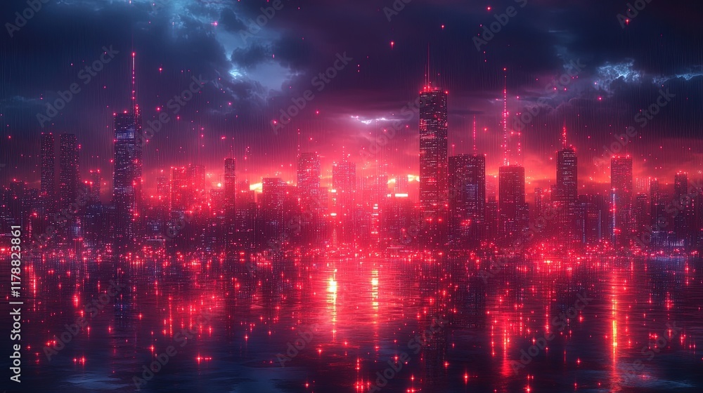 Fototapeta premium A vibrant, futuristic city skyline illuminated by red lights and reflections.