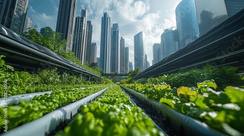 Hydroponic farm in an urban setting with skyscrapers, eco-friendly technology and greenery photo