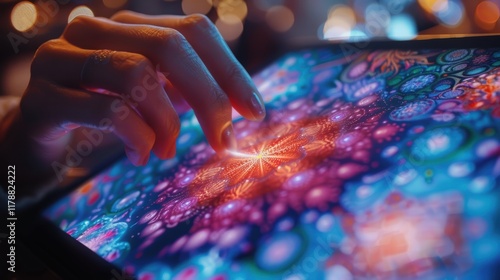 Close-up of hands drawing geometric shapes and fractal patterns, with a tablet displaying intricate mathematical designs in vibrant colors photo