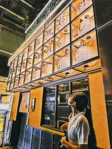  A colored pencil illustration featuring a girl travel in the city at night.