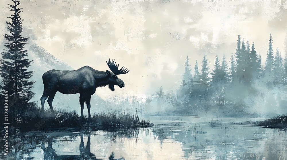 Obraz premium Background image of a moose in its natural habitat, captured amidst beautiful untouched forest scenery, style book illustration