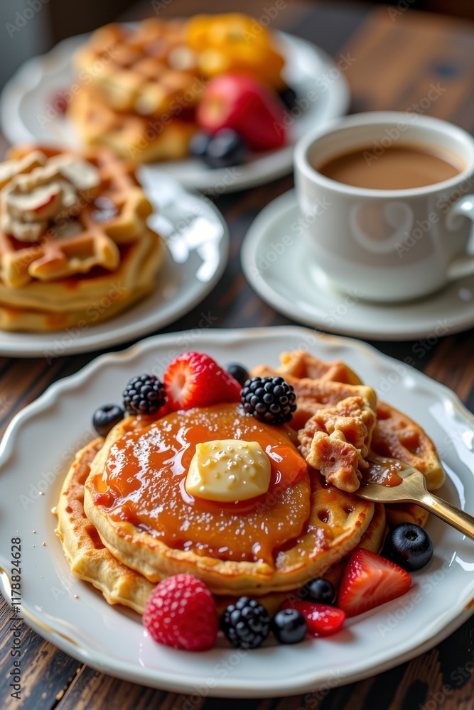 Delicious Buttery Waffles with Caramel Sauce and Fresh Berries for Breakfast Delicious Buttery Waffles with Caramel Sauce and Fresh Berries for Breakfast