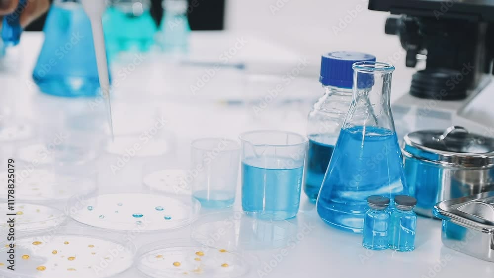 Scientist using microscope in laboratory. Close-up of a researcher's hands adjusting a modern microscope in a lab setting. Science concept Scientist using microscope in laboratory. Close-up of a researcher's hands adjusting a modern microscope in a lab setting. Science concept