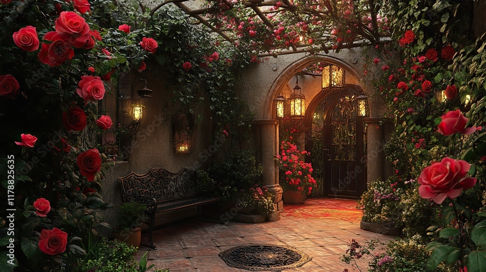 Fototapeta premium Romantic Rose-Covered Courtyard Entrance 