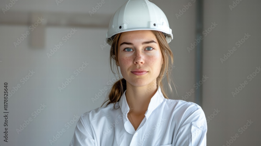 Confident female engineer with a helmet under her arm, standing on a white background with a determined expression, symbolizing leadership in the field Confident female engineer with a helmet under her arm, standing on a white background with a determined expression, symbolizing leadership in the field