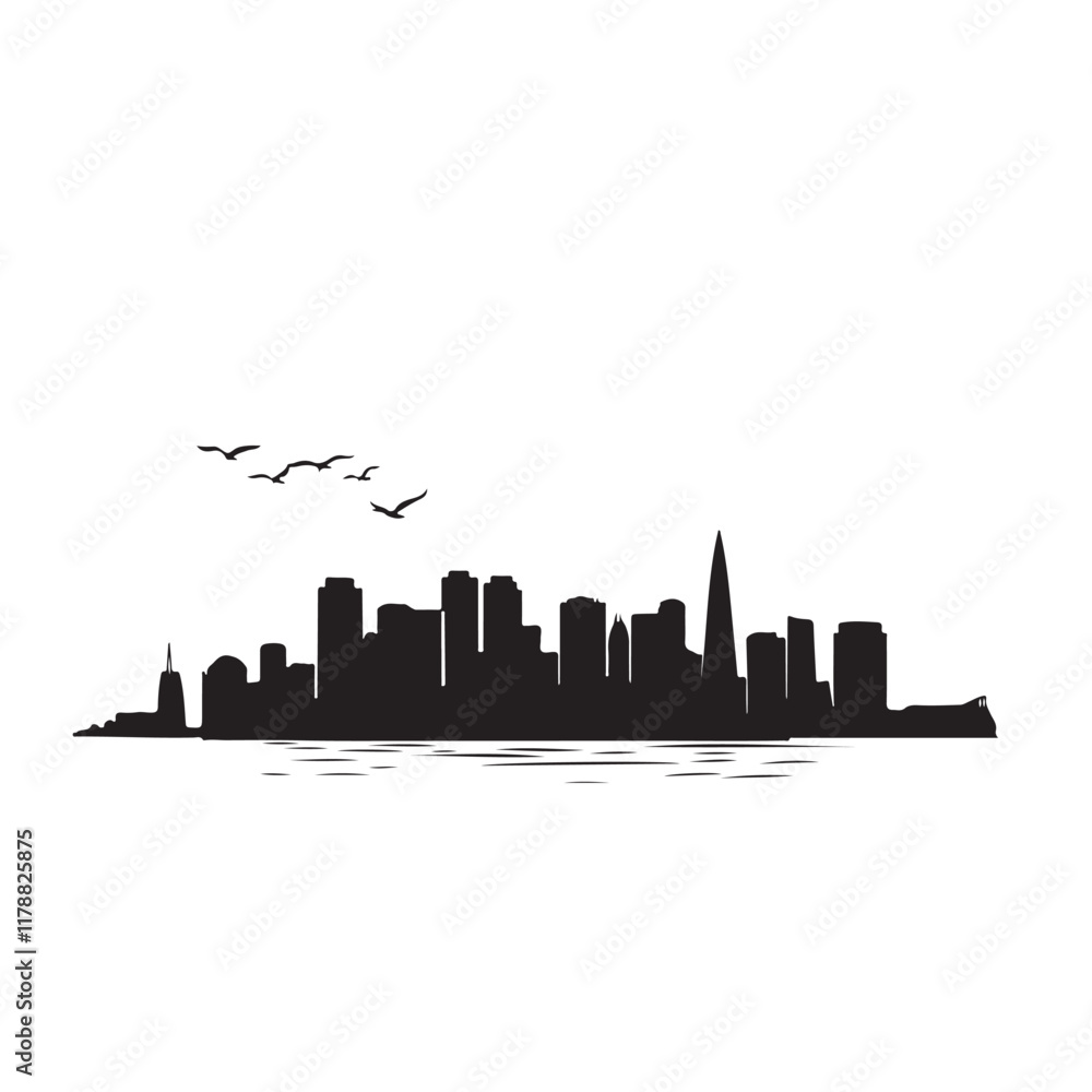 Fototapeta premium Cityscape Silhouette with Birds Flying - Vector Illustration