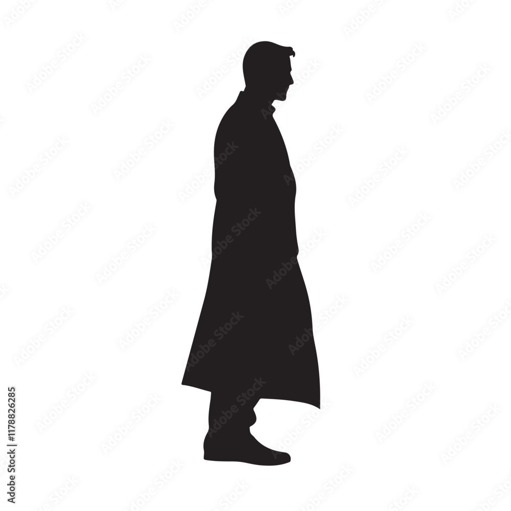 Side View Silhouette of a Man Standing in a Cloak - Vector Illustration Side View Silhouette of a Man Standing in a Cloak - Vector Illustration