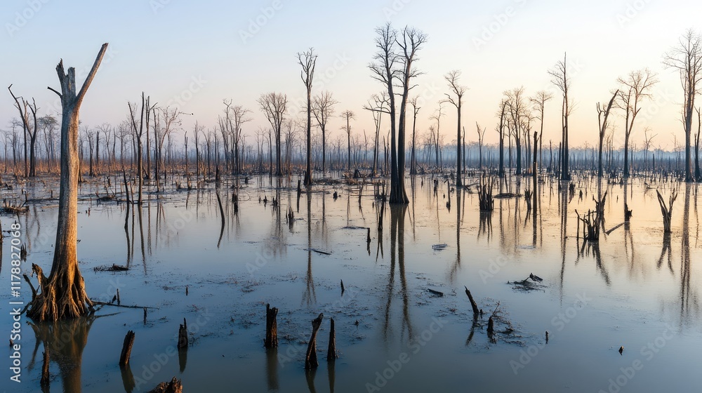 Serene Winter Landscape: Bare Trees in Misty Swamp at Dawn Serene Winter Landscape: Bare Trees in Misty Swamp at Dawn