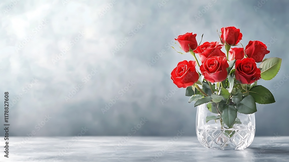 Captivating image of a stunning bouquet of glowing red roses meticulously arranged in a crystal vase exuding a sense of luxury romance and timeless elegance Captivating image of a stunning bouquet of glowing red roses meticulously arranged in a crystal vase exuding a sense of luxury romance and timeless elegance
