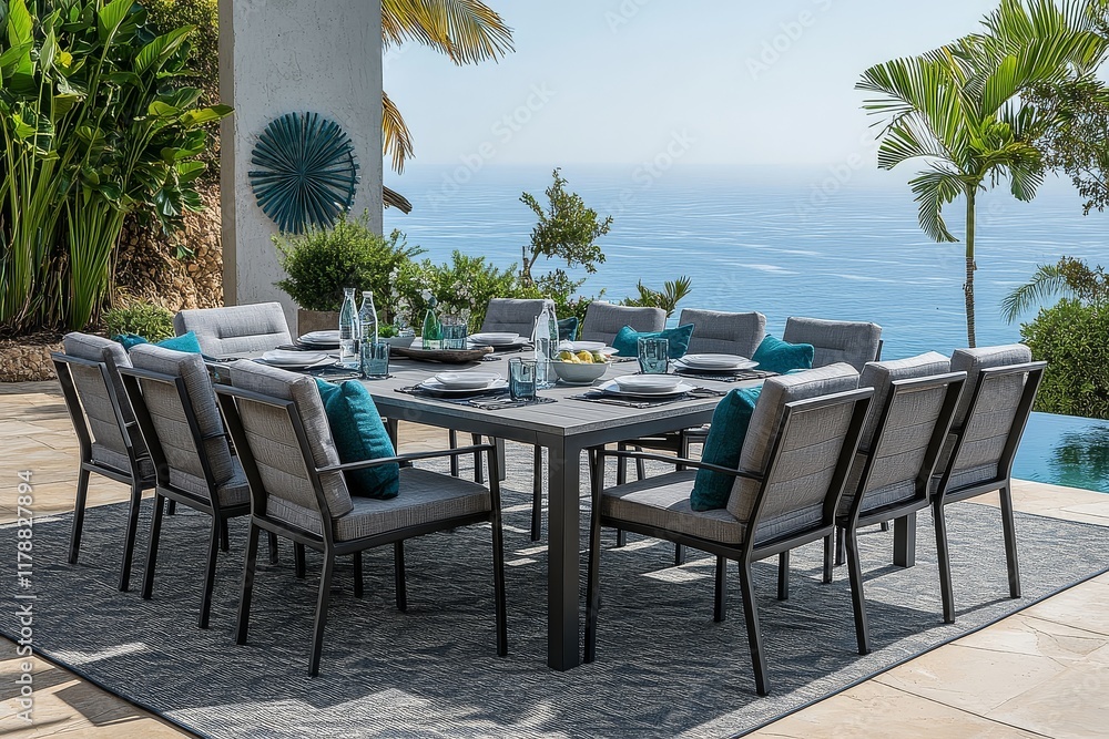 Obraz premium Urban gray Arona patio dining set with ocean view, blue accents, green plants, and teal pillows on a square tile floor with wall art.