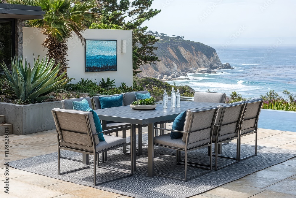 Obraz premium Urban gray Arona patio dining set with ocean view, blue accents, green plants, and teal pillows on a square tile floor with wall art.