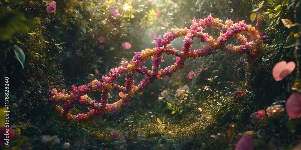 Fototapeta premium A vibrant DNA double helix, formed from blooming flowers, winds through a lush,
