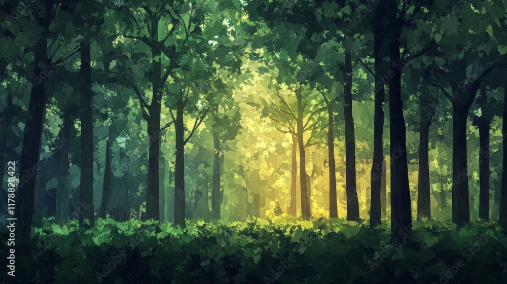 Obraz premium A forest with trees and a field of green grass. The trees are tall and the grass is lush and green