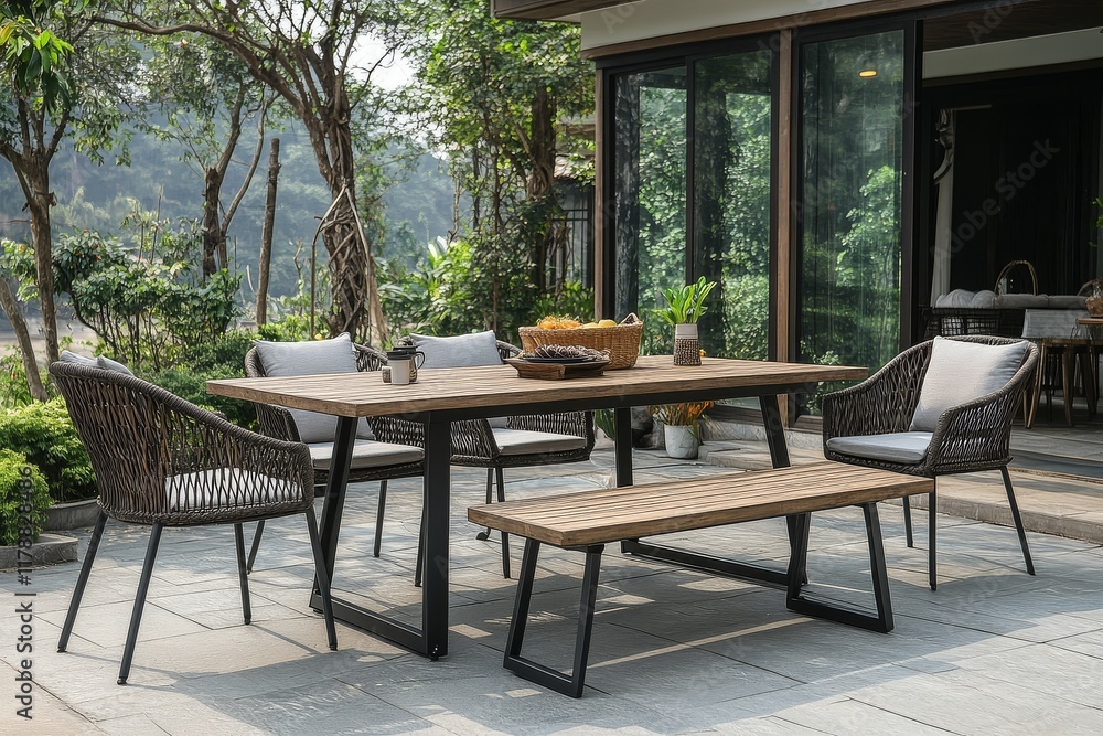 Outdoor dining set with black metal frame, natural wood top, and dark brown wicker chairs. Perfect for raw style patios. Outdoor dining set with black metal frame, natural wood top, and dark brown wicker chairs. Perfect for raw style patios.