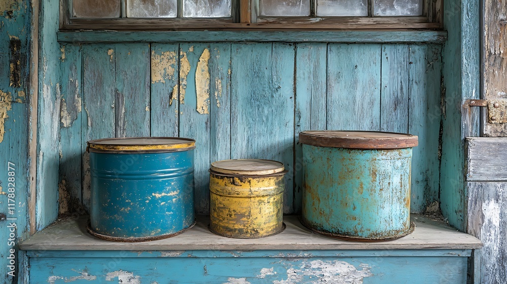 Rustic blue paint cans on weathered wood bench. Rustic blue paint cans on weathered wood bench.