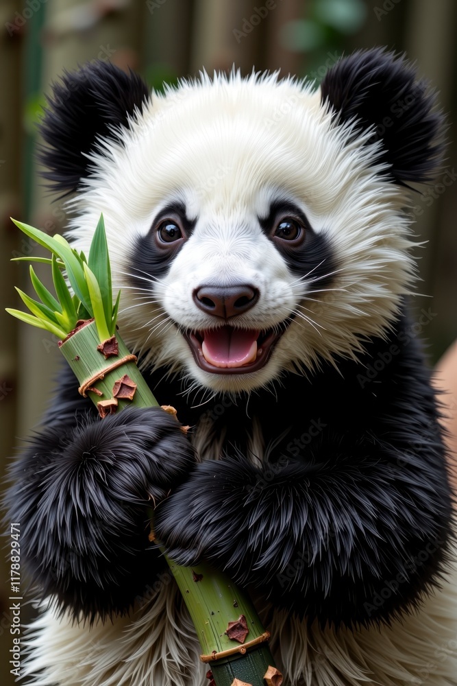Fototapeta premium Adorable Happy Panda Cub Holding Bamboo Wildlife Conservation Nature